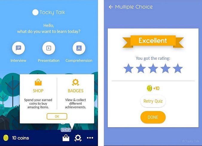 Screenshot of Tocky Talk Dashboard screen with links to Interview, Presentation and Comprehension modules and Result screen that shows an Excellent rating with 5 stars and 10 in-game coins